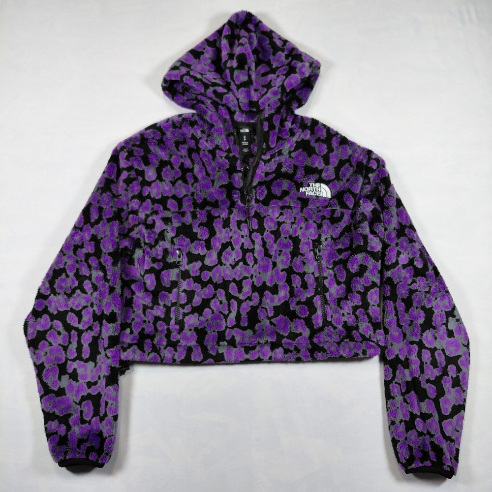 The North Face Womens Purple Leopard Print Cropped Fleece Osito Hoodie Small - Picture 2 of 14